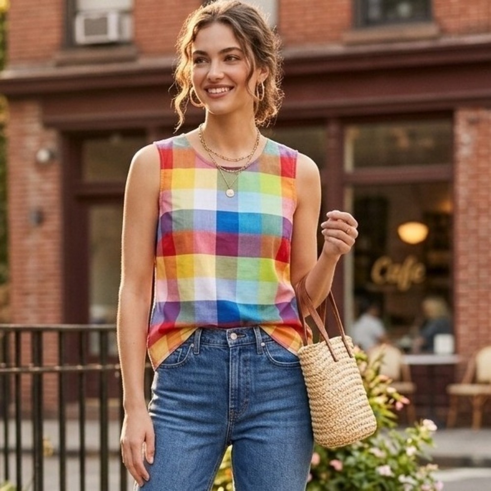 J.Crew Gingham Sleeveless Top Women 10 Rainbow Plaid Cotton Shell Vibrant Preppy